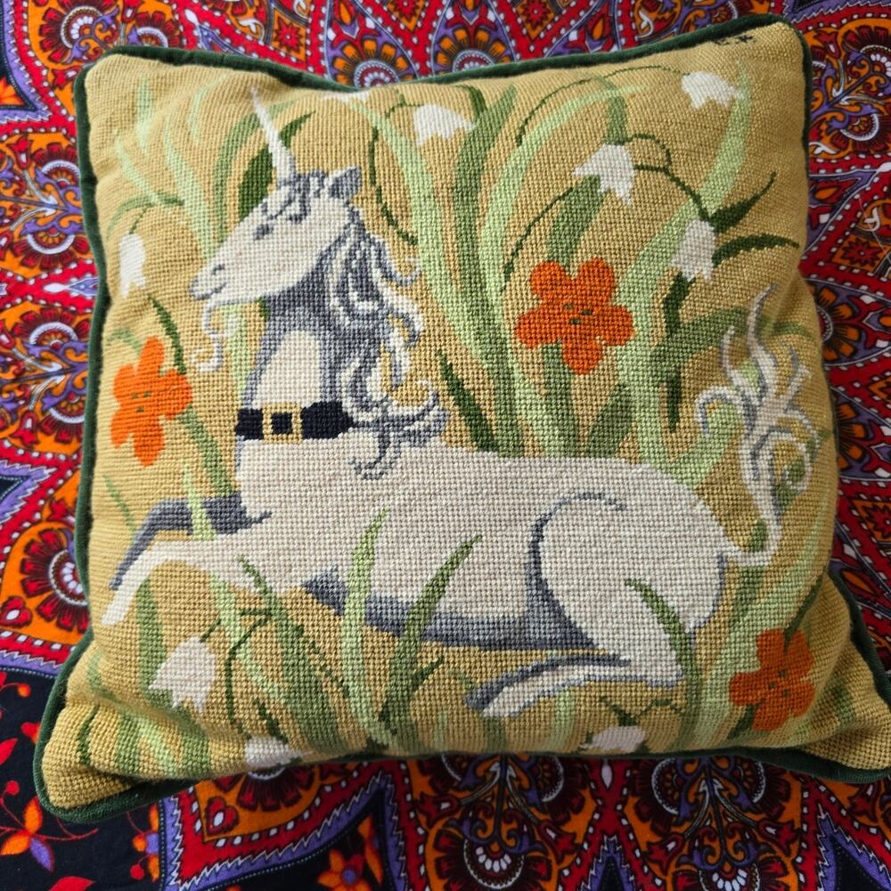 Handmade Needlepoint Unicorn in the Forest 14x14 Pillow